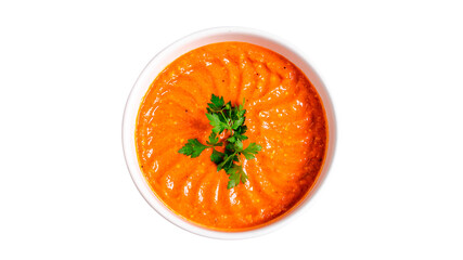 Tomato soup bowl top view isolated on white