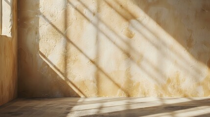 Light Brown Plaster Wall with Shadows of Sunlight. Elegant Background for Product Presentation