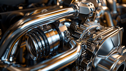 Close up of a motor vehicle engine with exhaust and rim