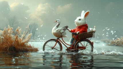 a painting of a rabbit riding a bike in the water with a duck in the basket on the back of it. - obrazy, fototapety, plakaty