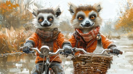 a couple of raccoons riding on the back of a bike in front of a forest filled with trees. - obrazy, fototapety, plakaty