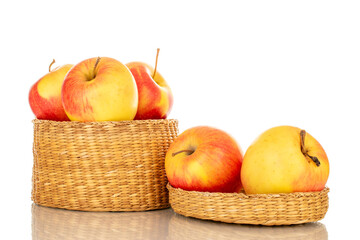 Several yellow apples in a straw basket, macro, isolated on a white background