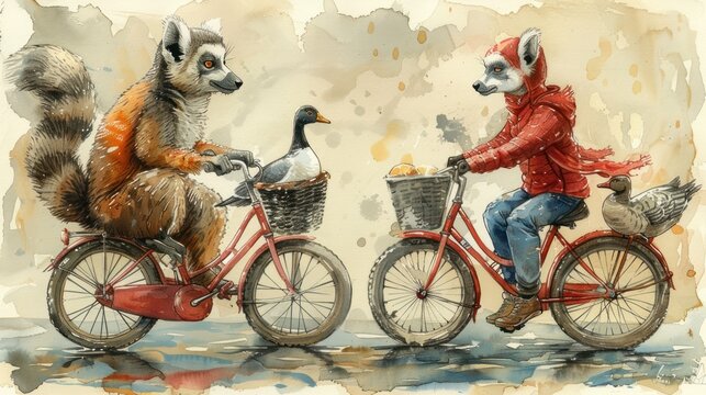 a painting of a person riding a bike with a squirrel on the front and a duck on the back of the bike.