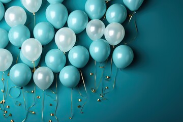 white and blue balloons on a blue background, festive background with balloons.