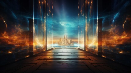 Naklejka premium Pathway through a door to a successful business future a digital vision of bright opportunities