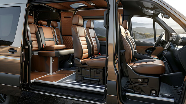 Brown leather seats and open doors in a van with Vehicle door