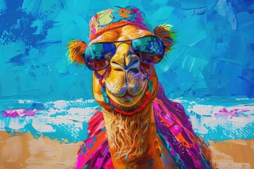 bright, colorful picture camel in sunglasses and hat on the beach near the sea, looking at the camera. summer vacation by the sea, style oil paint