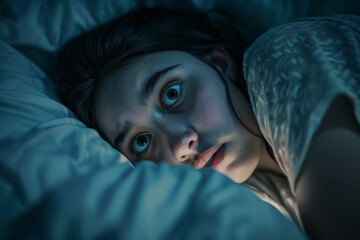 Nightmares. Girl with eyes open awake in bed at night unable to sleep afraid with fear having a nightmare