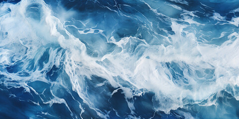 Abstract blue ocean waves crashing with white foam and splashes background. H2O expressive, artistic, pattern texture wallpaper backdrop - obrazy, fototapety, plakaty