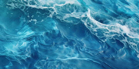 Abstract blue ocean waves crashing with white foam and splashes background. H2O expressive, artistic, pattern texture wallpaper backdrop - obrazy, fototapety, plakaty