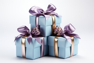 Obraz premium Three blue gifts on a white background tied with a purple-gold ribbon.