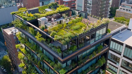Lush rooftop garden on a commercial building