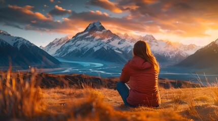 Woman at Sunset in New Zealand Mountains - obrazy, fototapety, plakaty