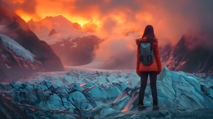 Woman Standing on Top of Glacier with Richly Colored Sky - obrazy, fototapety, plakaty