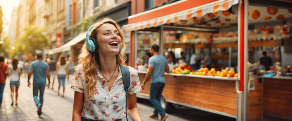 Fototapeta premium A joyful young woman caucasian listens to music through headphones connected to her cell phone while walking through the city center.