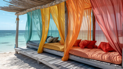 lunges on the beach with orange and yellow colored curtains made of silk