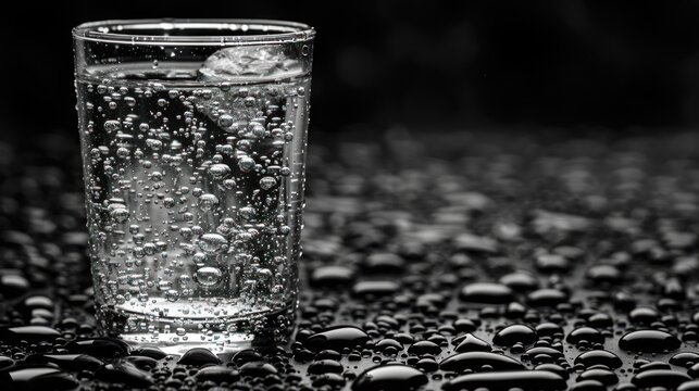 a black and white photo of a glass of water with bubbles on the surface of the glass and water droplets on the surface of the glass.