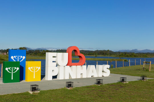 Pinhais Parana Brazil, January 27. 2023: Large letters, I love Pinhais in Parque das Aguas.