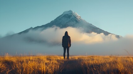 Person Standing in Front of Majestic Mountain - obrazy, fototapety, plakaty