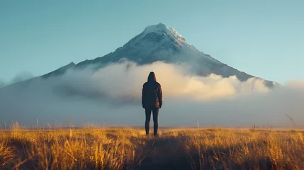 Deurstickers Person Standing in Front of Majestic Mountain © vanilnilnilla