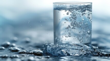a glass filled with water sitting on top of a blue counter top next to a pile of ice cubes. - obrazy, fototapety, plakaty