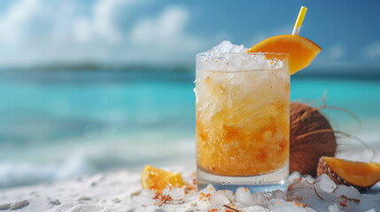A cheerful cocktail with ice on the beach during summer vacation - obrazy, fototapety, plakaty