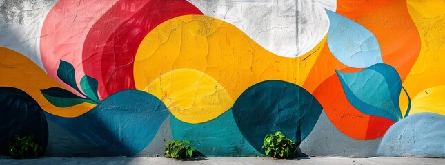 Colorful abstract geometric mural with organic shapes in red, blue, yellow, and green on a textured outdoor wall, adorned with green potted plants.