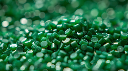 Green plastic pellets Background Close-up Plastic granules Polymer plastic beads resin polymer