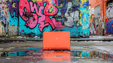 A bold neon orange laptop stands out against a backdrop of urban graffiti, adding a pop of color to a gritty street scene.