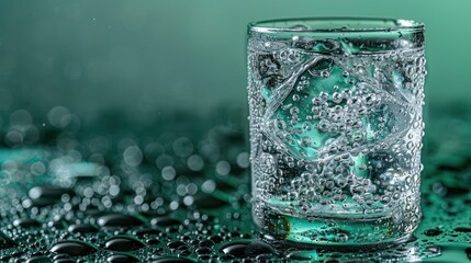 a glass filled with water sitting on top of a table covered in drops of water on top of a green surface.
