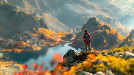 Obraz premium Man Enjoying Autumn Mountain Landscape with Vibrant Colorful Leaves and Lake