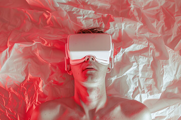 man is in a white Virtual Reality headset against background stock photo. White and light red background. AI Generated.