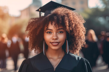african student girl in a black graduation gown and cap with other graduates in the background generative AI - Powered by Adobe