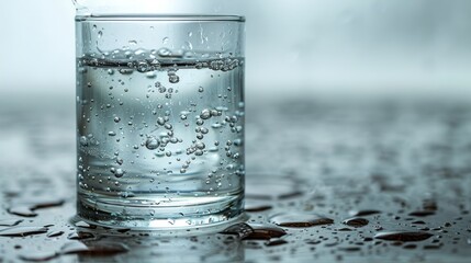 a close up of a glass of water on a table with drops of water on the surface of the glass.