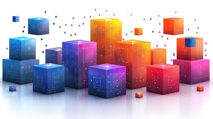 a group of colorful cubes sitting next to each other on top of a white surface with red and blue squares.