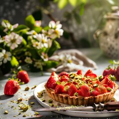 strawberry and pistachio tart in the garden