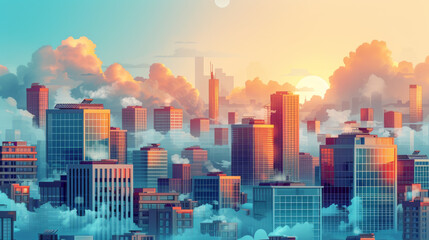 Illustration of a big city where the buildings rise from the clouds
