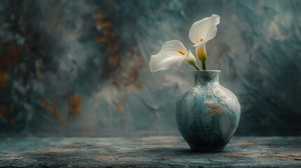 a vase with a white flower in it sitting on a table in front of a blurry background of leaves. - obrazy, fototapety, plakaty