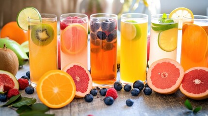 Fototapeta premium Flavored Kombucha assortment, various fruits for infusing, bright and colorful.