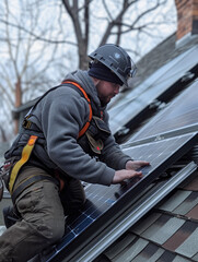 Detailed photo of a technician installing solar panel on roof. AI Generated