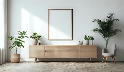 Blank poster frame on a white wall with small plants