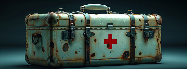 medical suitcase in retro style with a red cross on blue studio background ,generative ai