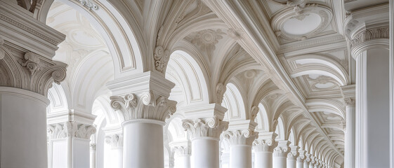 A delightful architectural tunnel of white columns. Archway. Ancient arches architecture detail of old building
