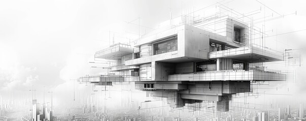 Architectural blueprints of imaginary futuristic buildings, incorporating green technology and cyberpunk aesthetics.