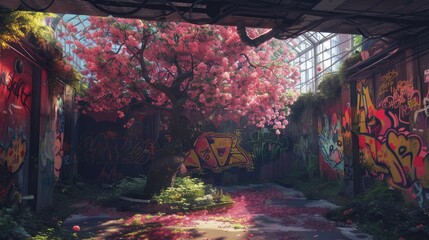 A tiny, peaceful garden surrounded by walls of a colorful, chaotic urban graffiti landscape,...