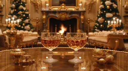 Fototapeta na wymiar two glasses of wine sit on a table in front of a fireplace in a room decorated with gold ornaments and a christmas tree.