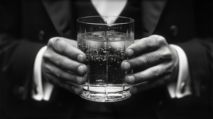 a black and white photo of a man holding a glass of water with bubbles on the bottom of the glass.