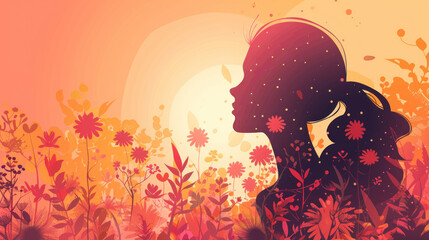 beautiful vector style illustration of woman silhouette surrounded by plants and flower, on warm glowing orange background, and copy space on the left. suitable for womens day greetings of backgrounds