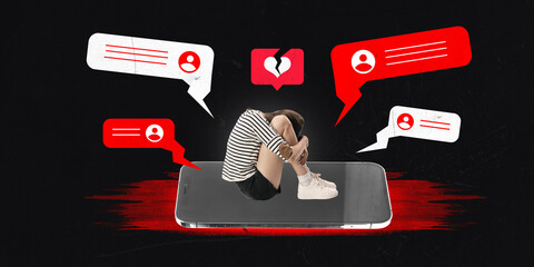 Modern aesthetic artwork. Person crouched of sadness sit on smartphone with various social media...