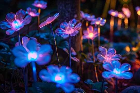 Beautiful Bioluminescent flowers. Neon light flowers